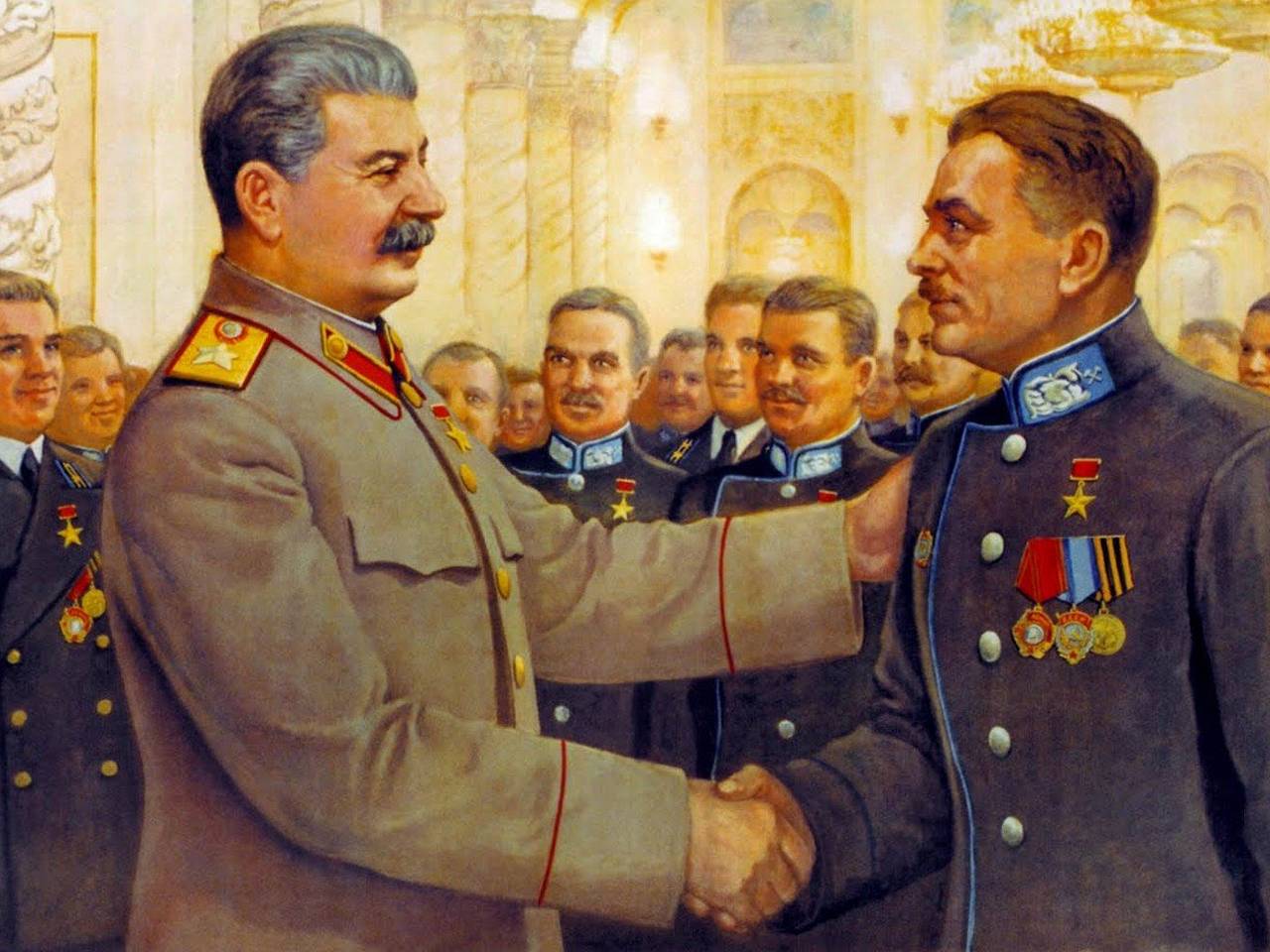 В российском кафе повесили картину с пожимающим руку Путину Сталиным